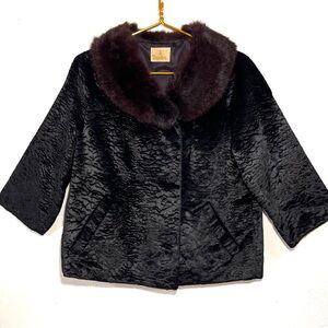 Vintage 1960’s Black Textured Velvet Coat W/ Mink Collar Styled By Winter Size M